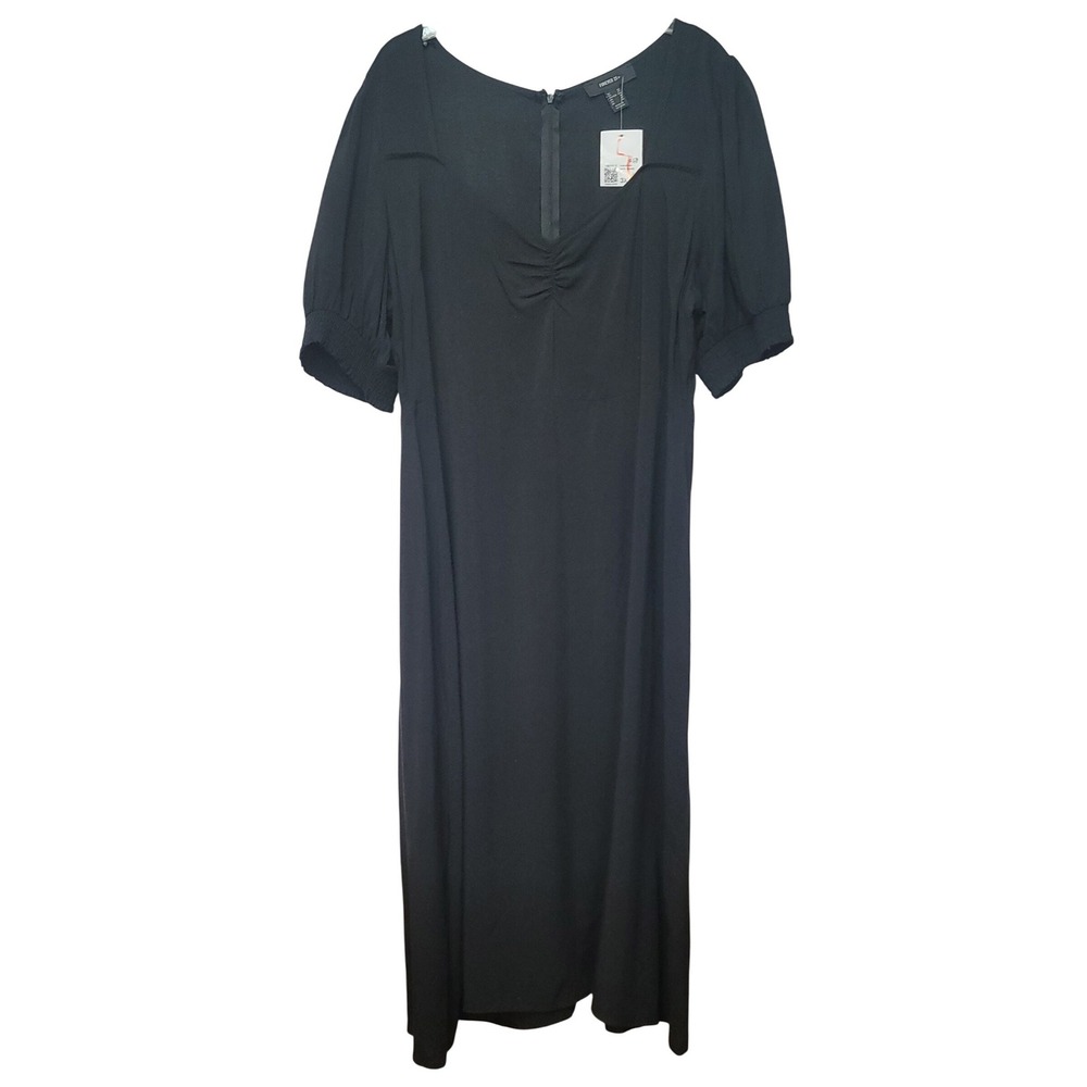 FOREVER 21 Square Neck Puff Sleeve Midi 3X Romantic Milkmaid Soft Black Dress
